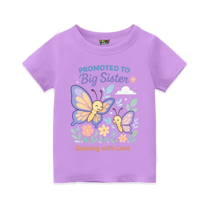 Lavender t-shirt with butterfly design and text 'Promoted to Big Sister Growing with Love'