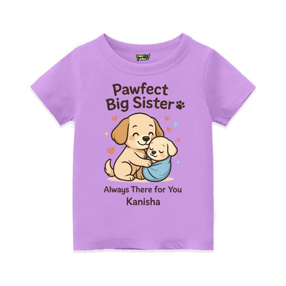 Lavender t-shirt with cartoon dogs and text 'Pawfect Big Sister' Always there for you