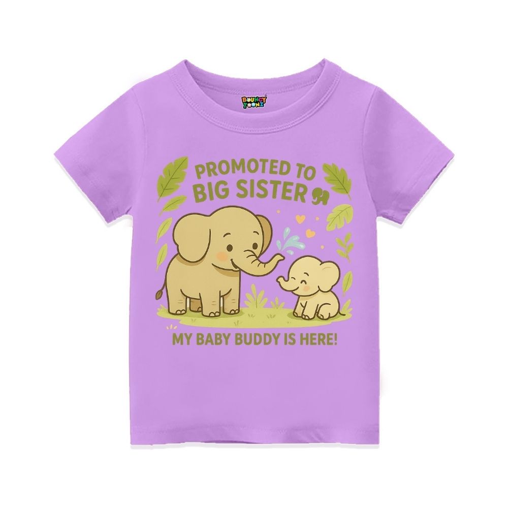 Lavender t-shirt with elephant design and text 'Promoted to Big Sister' with My Baby Buddy is Here!