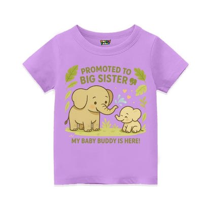 Lavender t-shirt with elephant design and text 'Promoted to Big Sister' with My Baby Buddy is Here!