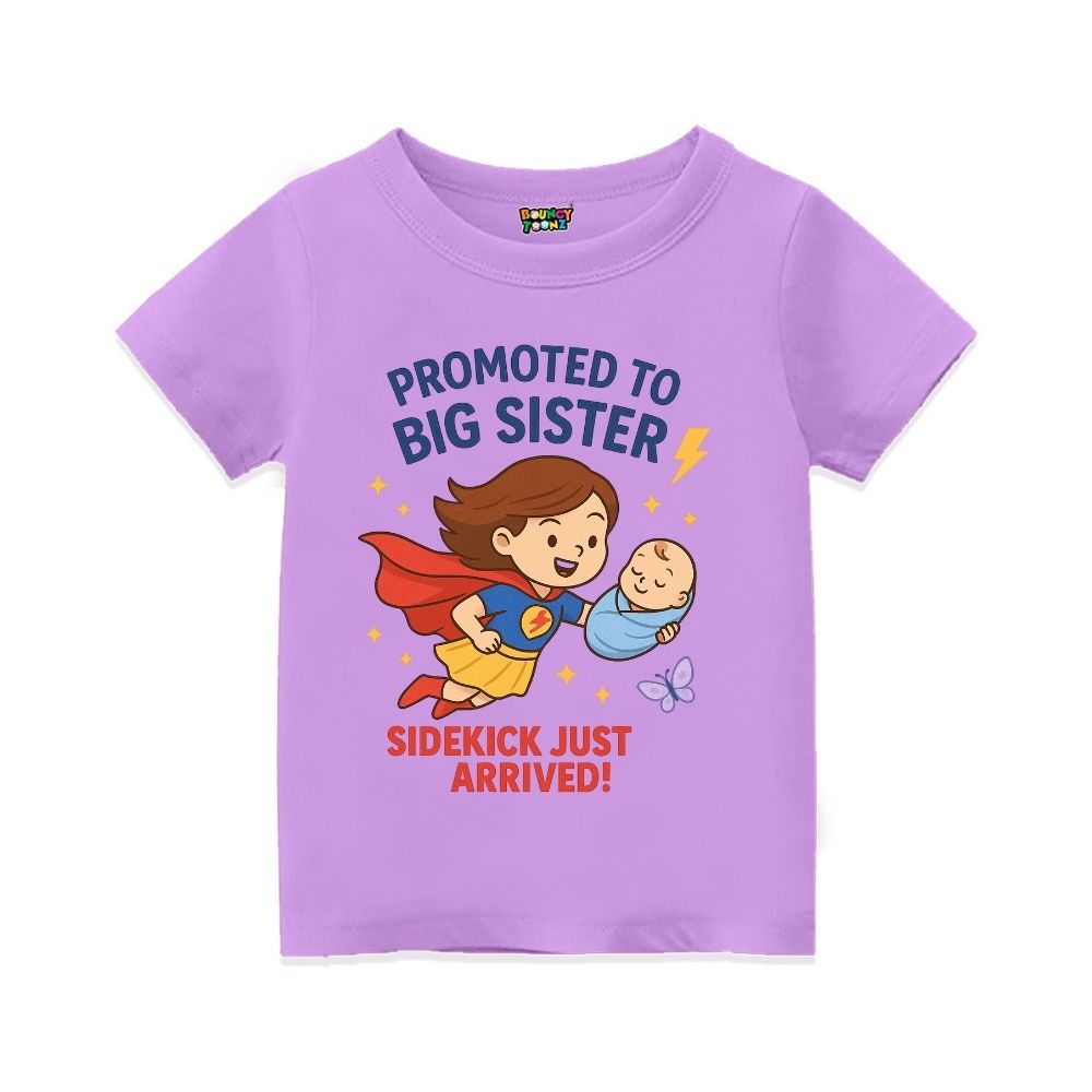 Lavender  t-shirt with superhero design and text 'Promoted to Big Sister, Sidekick Just Arrived!' 