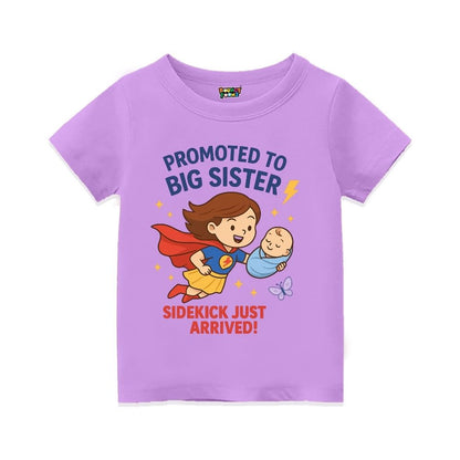 Lavender  t-shirt with superhero design and text 'Promoted to Big Sister, Sidekick Just Arrived!' 