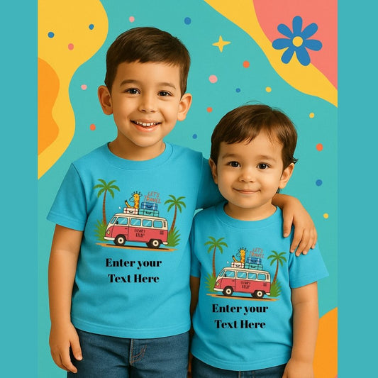 Custom brother-sister tees featuring ‘Let’s Travel’ slogan, travel graphics like a van and luggage, and name personalization