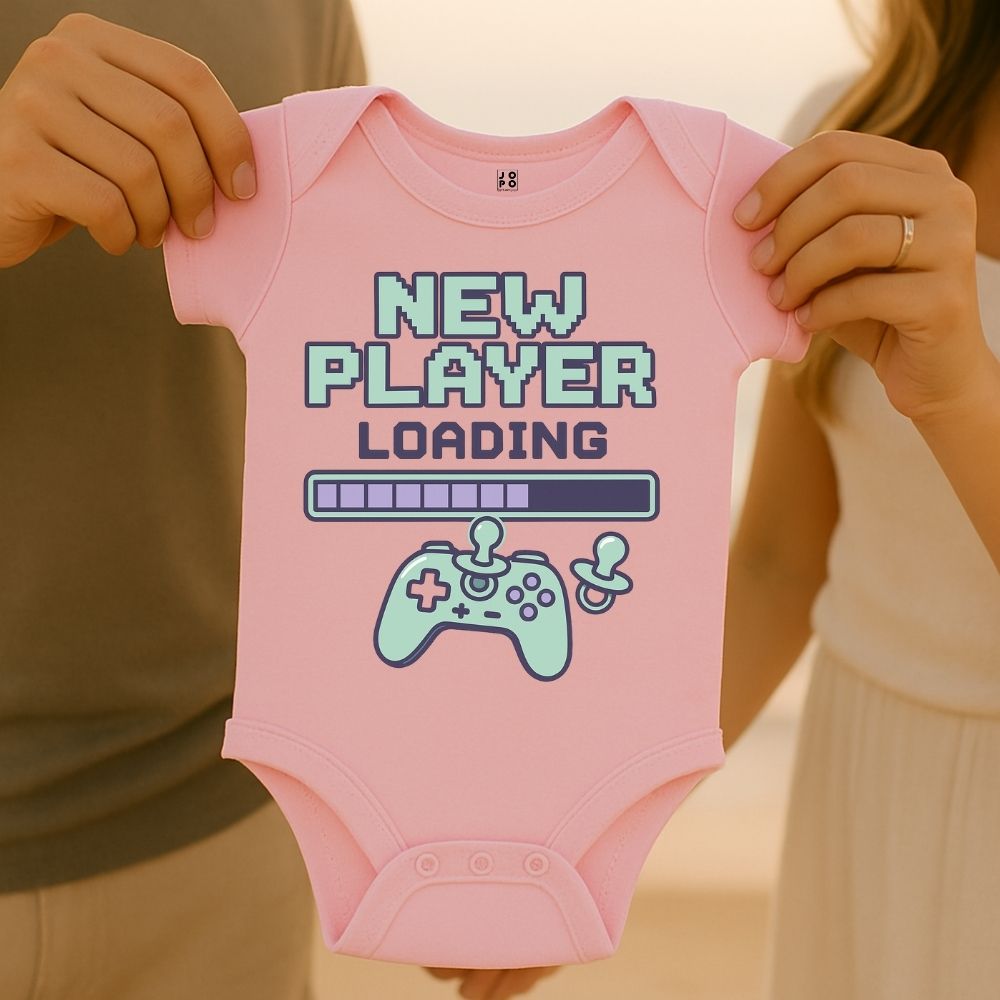 Light Pink baby onesie with 'New Player Loading' text and Game controller and Loading Bar graphics design