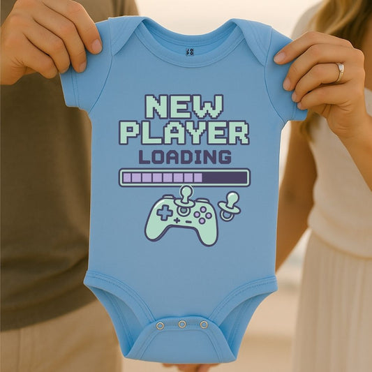 Light blue baby onesie with 'New Player Loading' text and Game controller and Loading Bar graphics design