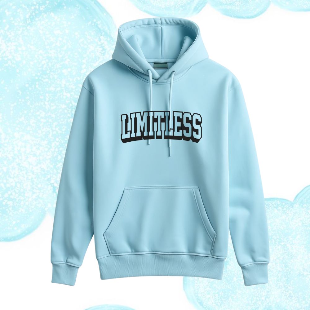 Light blue hoodie with 'LIMITLESS' text 