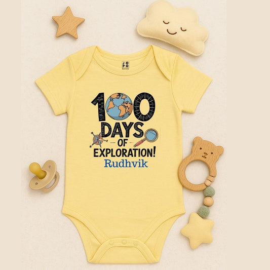 Lite Yellow baby onesie with '100 Days of Exploration' 