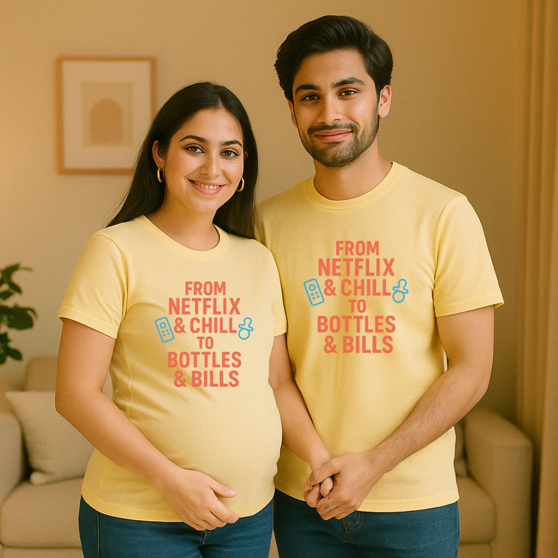 Lite Yellow matching maternity t-shirts with humorous text design.