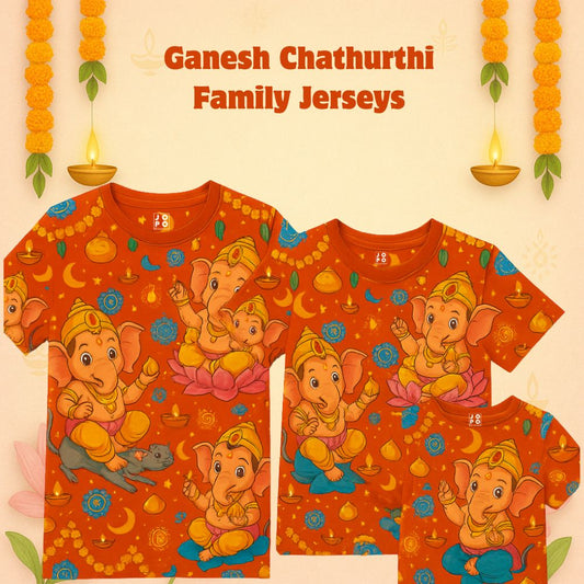 Lord Ganesha Print Orange family jerseys for Ganesh Chaturthi 