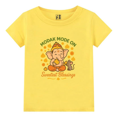 Lite Yellow t-shirt with Ganesh and mouse illustration 