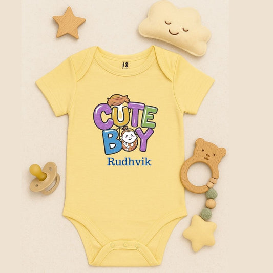 Lt. Yellow baby onesie with 'Cute Boy' text print with Cartoon baby design