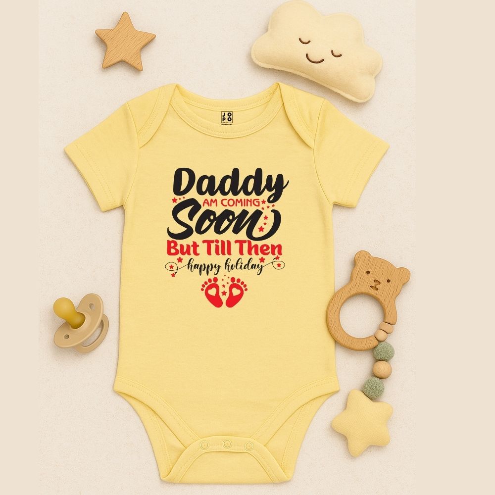 Lt Yellow baby onesie with text