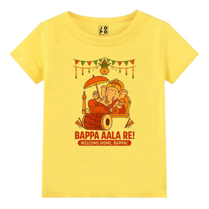 lite yellow t-shirt with a cartoon depiction of Ganesha for little deity 