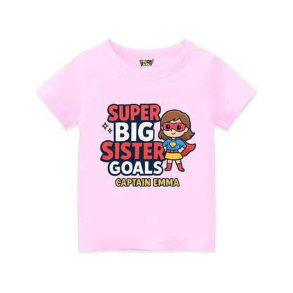 Ltpink t-shirt,  superhero design printed with "Super Big Sister Goals" and Captain text