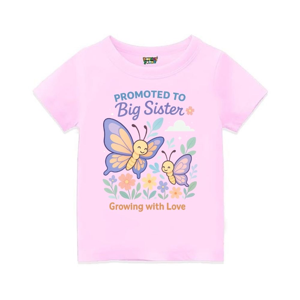 Ltpink t-shirt with butterfly design and text 'Promoted to Big Sister'