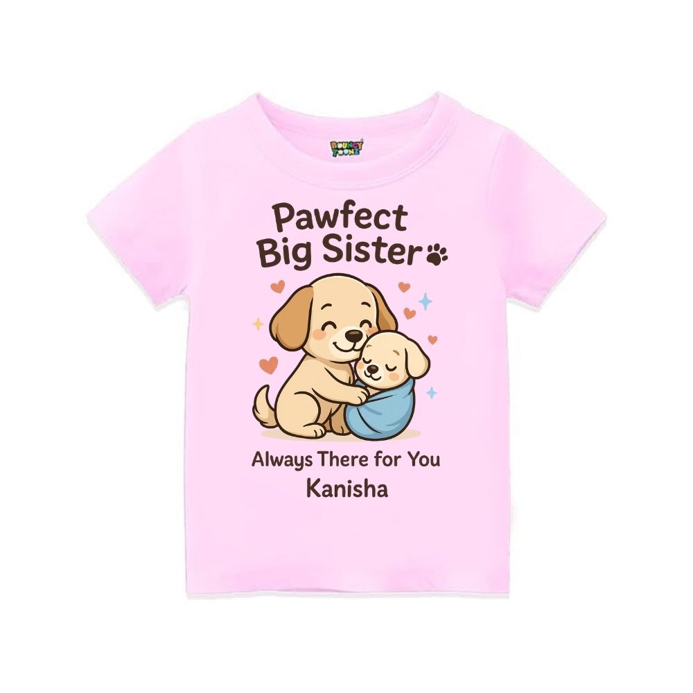 Ltpink t-shirt with cartoon dogs and text 'Pawfect Big Sister' Always there for you