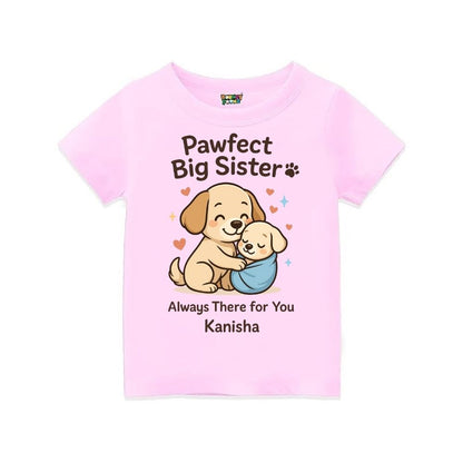 Ltpink t-shirt with cartoon dogs and text 'Pawfect Big Sister' Always there for you
