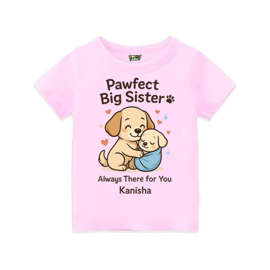 Ltpink t-shirt with cartoon dogs and text 'Pawfect Big Sister' Always there for you