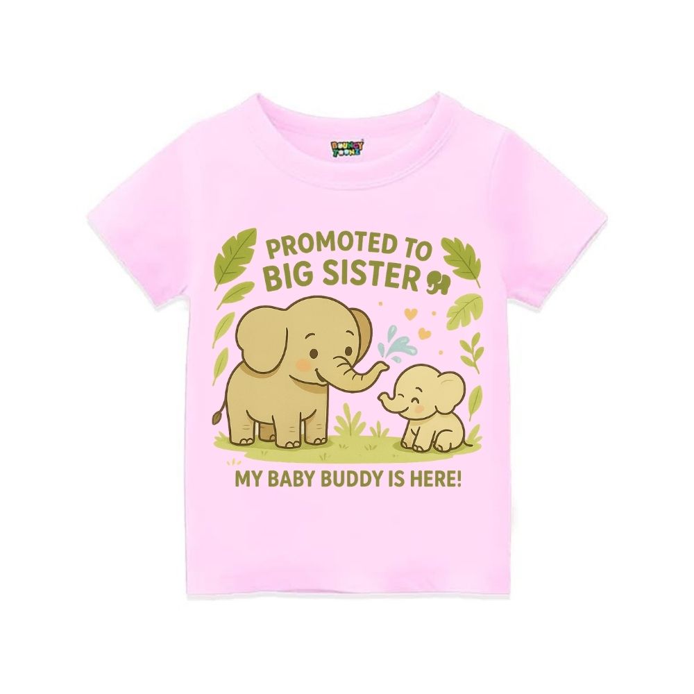 Ltpink t-shirt with elephant design and text 'Promoted to Big Sister' with My Baby Buddy is Here!