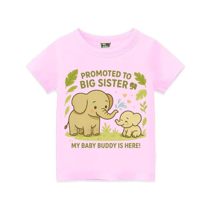 Ltpink t-shirt with elephant design and text 'Promoted to Big Sister' with My Baby Buddy is Here!