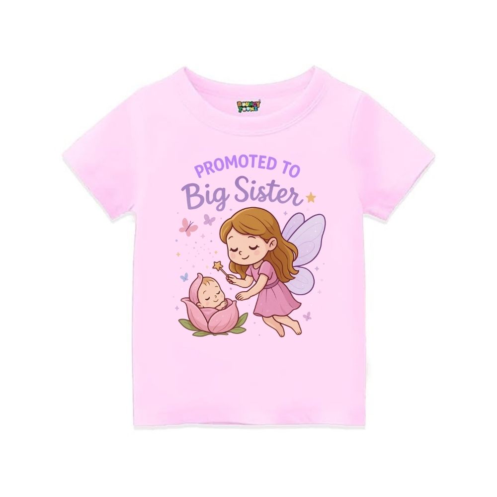 Ltpink t-shirt with fairy and baby graphic and 'Promoted to Big Sister' text 