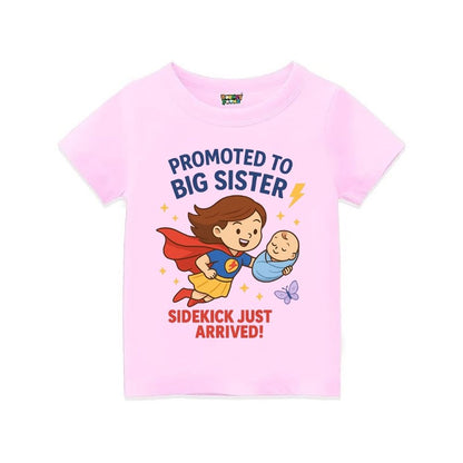 Ltpink t-shirt with superhero design and text 'Promoted to Big Sister, Sidekick Just Arrived!' 