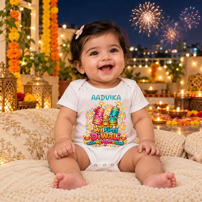 My First Diwali Baby Romper with Custom Name | Personalised Onesie - WHITE - 0-3 Months (Chest 18")
