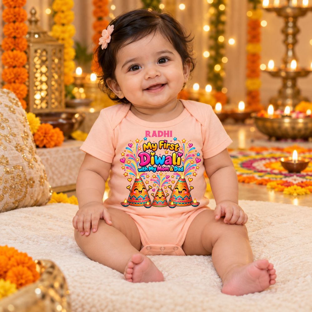 My First Diwali Custom Name Romper | Baby Festival Outfit - BABY PEACH - 0-3 Months (Chest 18")