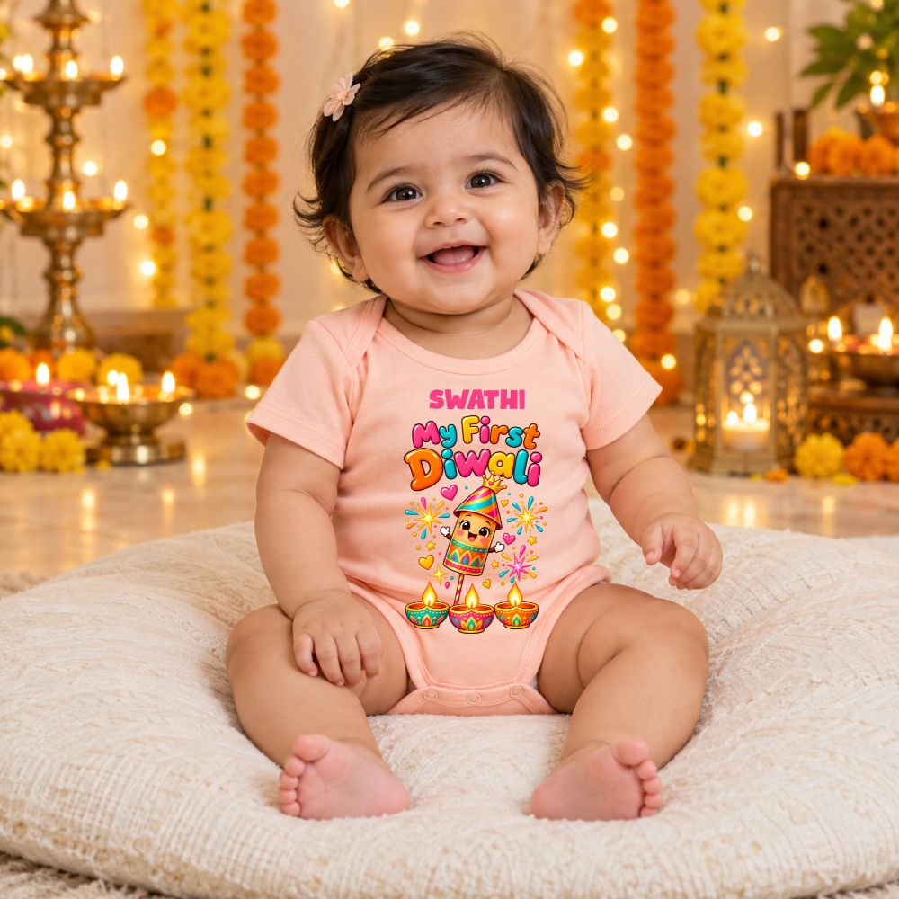 First Diwali Baby Onesie with Diya Print | Personalised Romper - BABY PEACH - 0-3 Months (Chest 18")