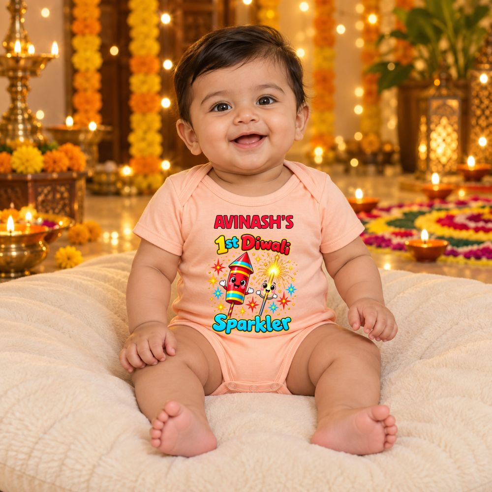 My First Diwali Baby Romper with Rocket Design | Custom Name - BABY PEACH - 0-3 Months (Chest 18")