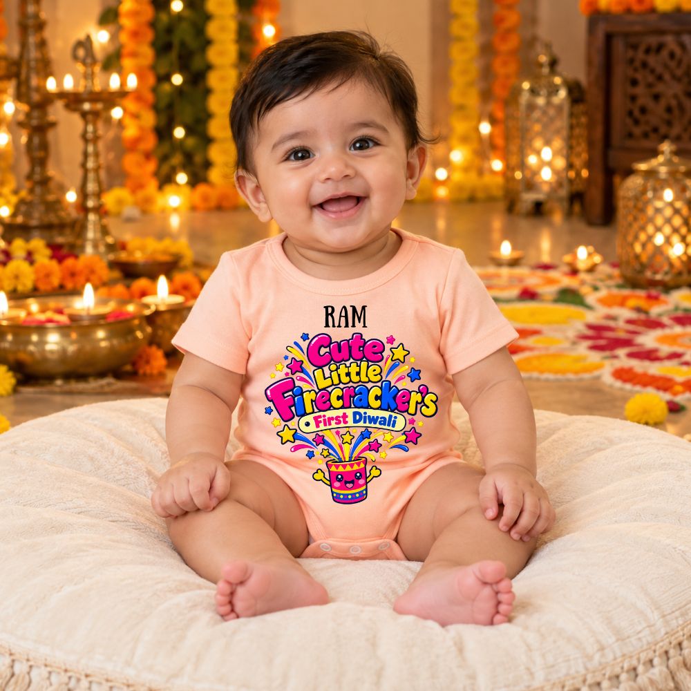 Personalised First Diwali Baby Onesie | Cute Sparkler Design - BABY PEACH - 0-3 Months (Chest 18")