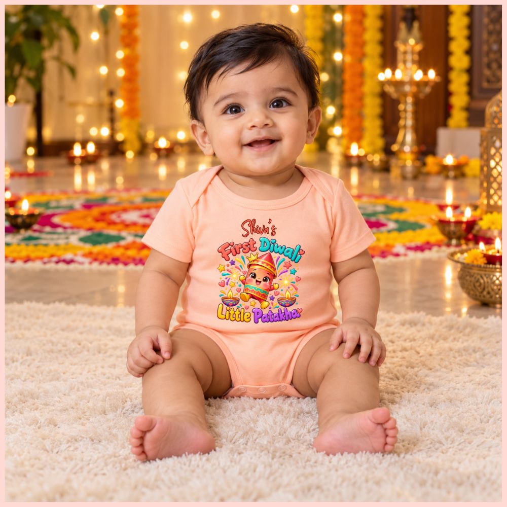 My First Diwali Baby Bodysuit | Custom Name Festive Wear - BABY PEACH - 0-3 Months (Chest 18")