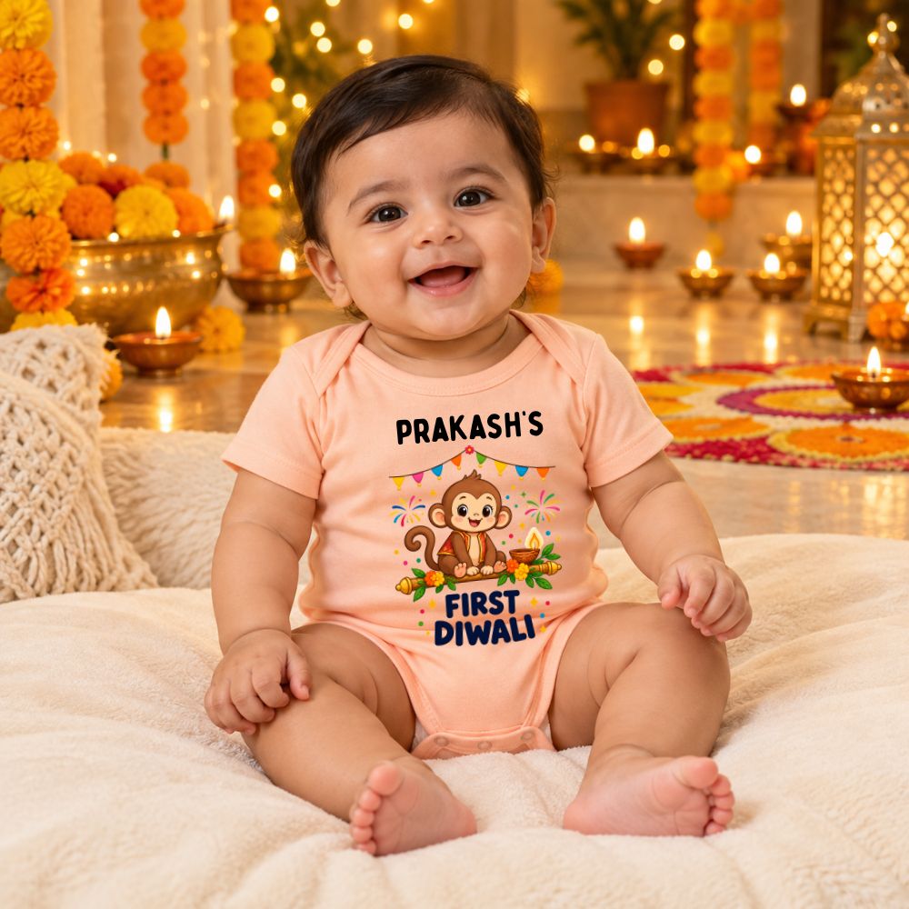 First Diwali Outfit for 0-3 Months Baby | Personalised Onesie - BABY PEACH - 0-3 Months (Chest 18")