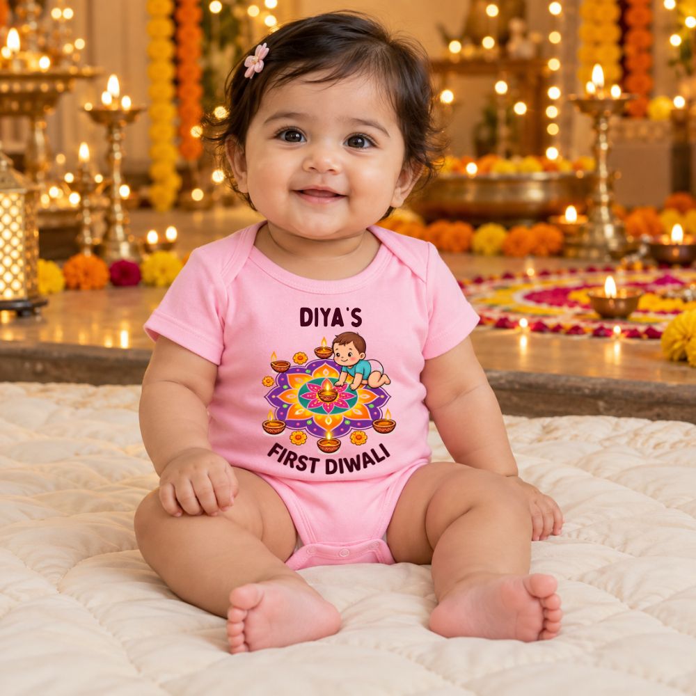 Baby's First Diwali Onesie for Newborn Boy | Custom Name Romper - BABY PINK - 0-3 Months (Chest 18")