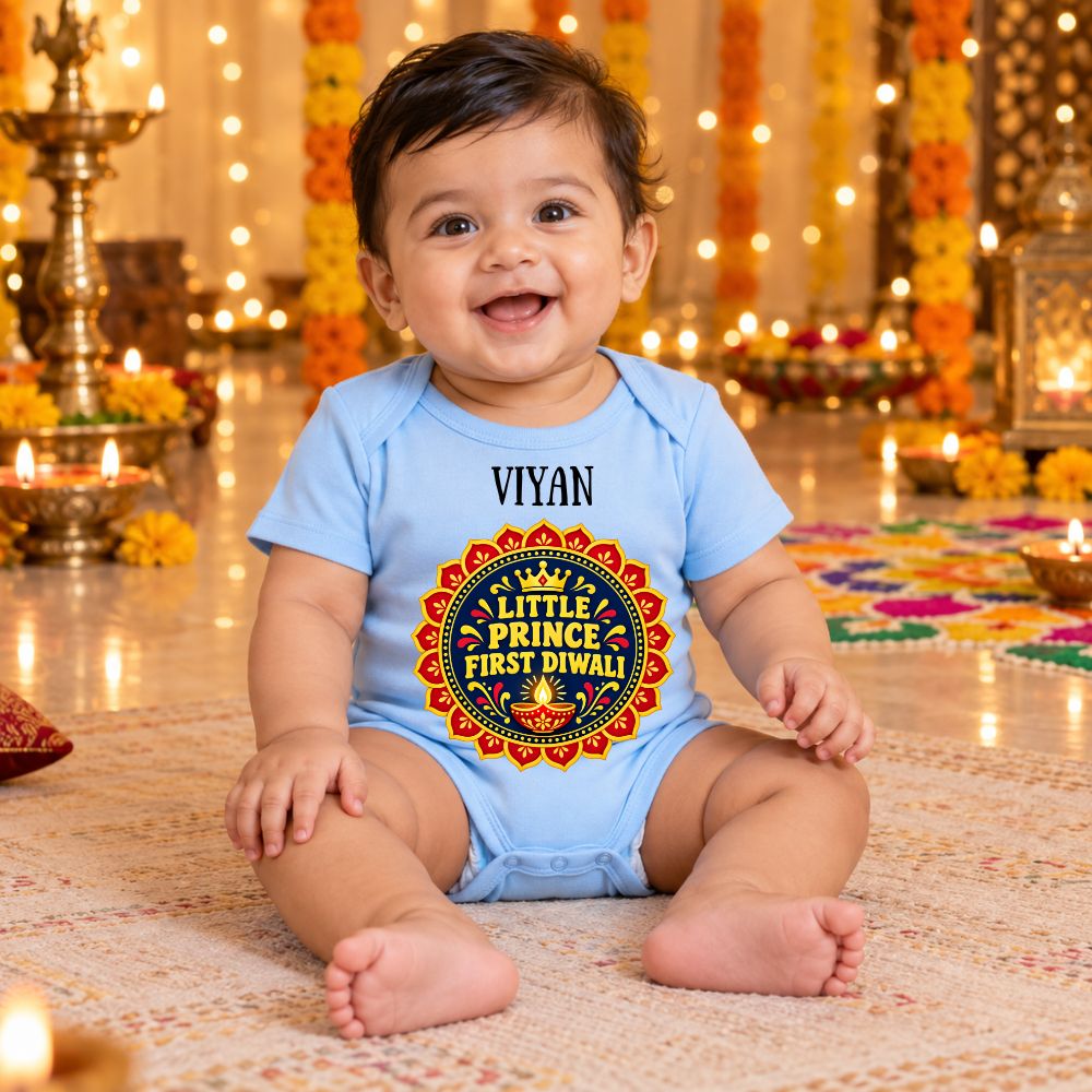 My First Diwali Baby Romper | Personalised Festival of Lights Outfit - BABY BLUE - 0-3 Months (Chest 18")