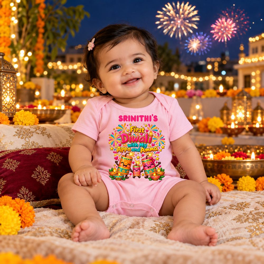 My First Diwali Baby Girl Romper | Personalised Festive Outfit - BABY PINK - 0-3 Months (Chest 18")