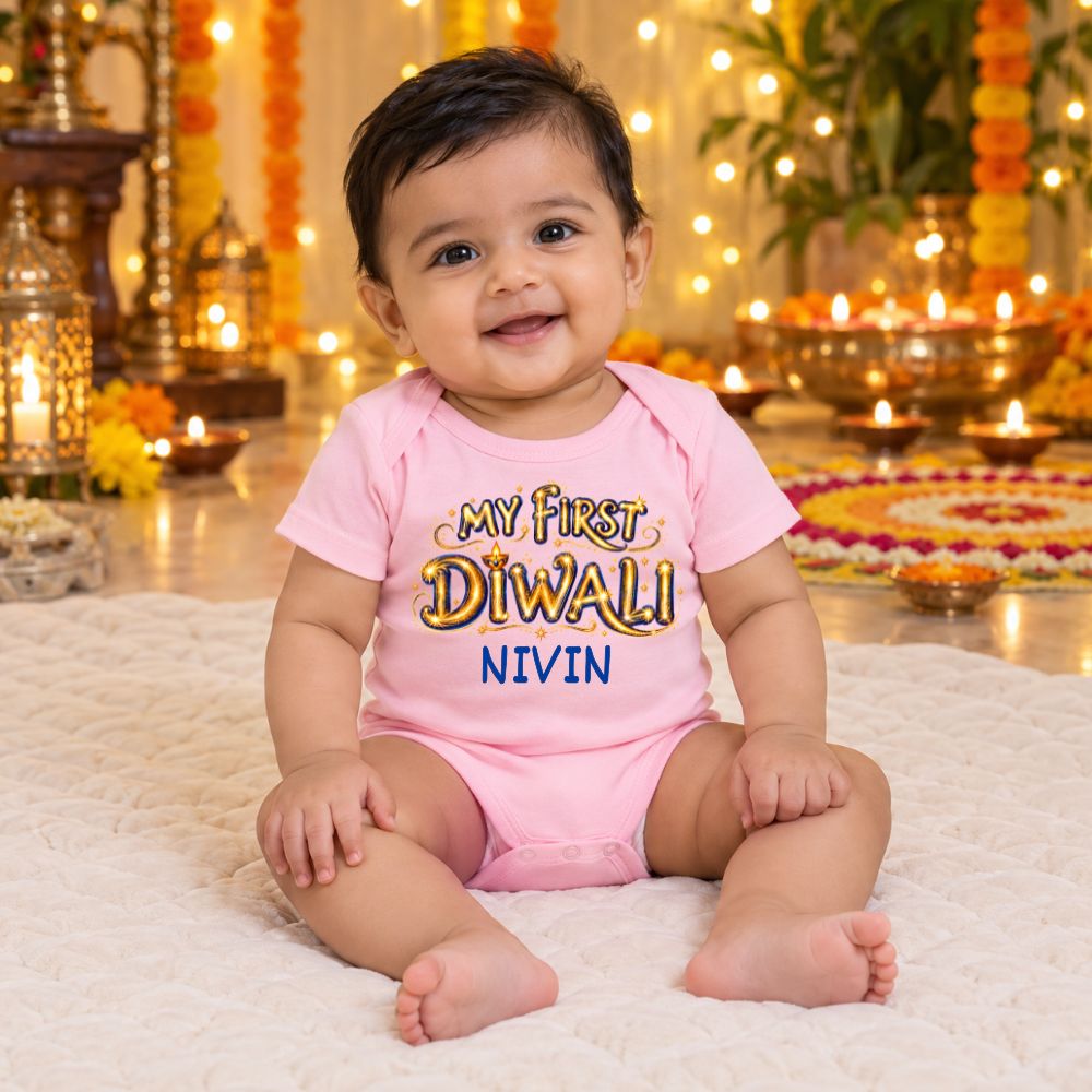 First Diwali Baby Bodysuit | Personalised Name Printed Romper - BABY PINK - 0-3 Months (Chest 18")