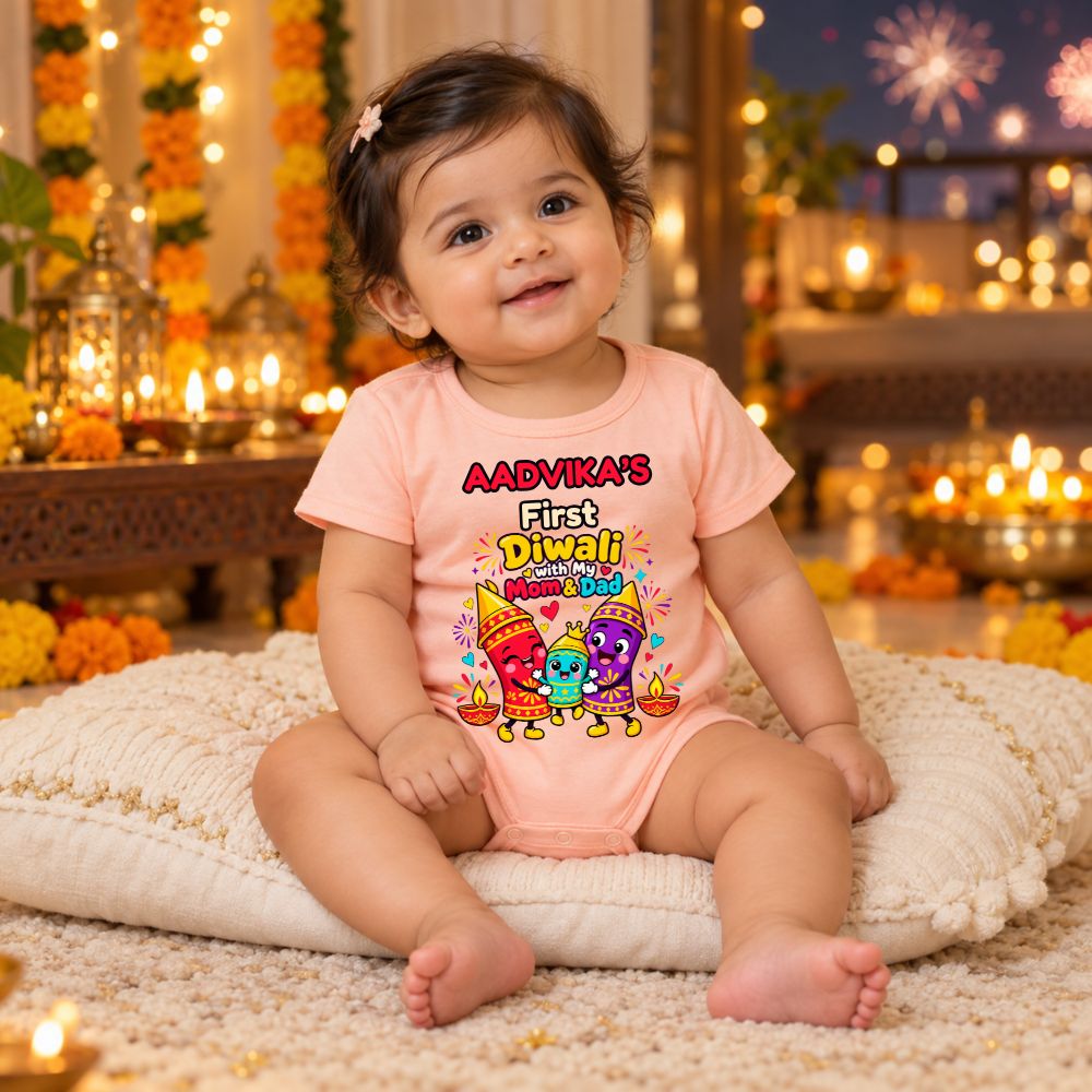 Baby Girl First Deepavali Onesie | Personalised Diwali Romper - BABY PEACH - 0-3 Months (Chest 18")