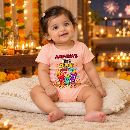 Baby Girl First Deepavali Onesie | Personalised Diwali Romper - BABY PEACH - 0-3 Months (Chest 18")