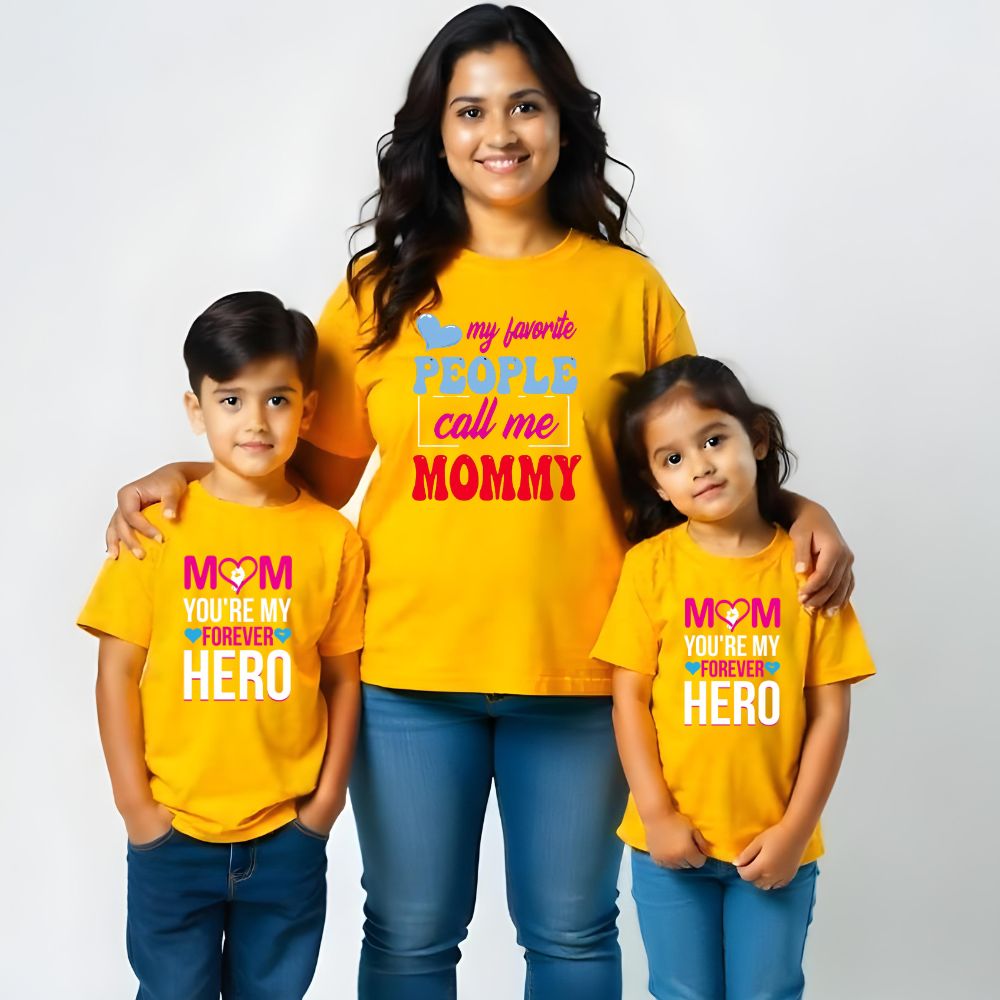 Mom and Kids Matching Mustard t-shirts with text 'MY FAVORITE PEOPLE CALL ME MOMMY' and 'MOM YOU'RE MY FOREVER HERO'.