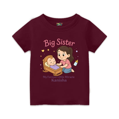 Maroon 'Big Sister' t-shirt with personalized text "My Forever Little Miracle"
