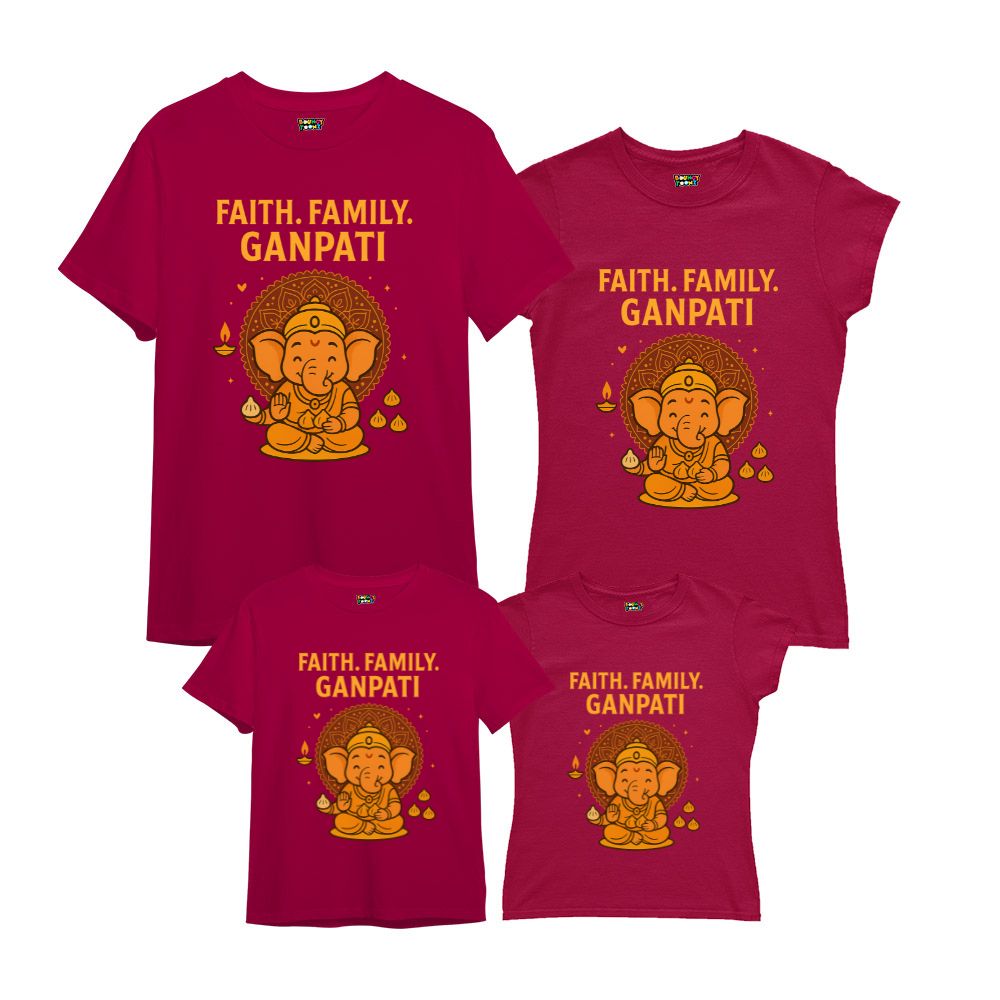 Maroon Family  t-shirts with yellow Ganpati illustration and text 
