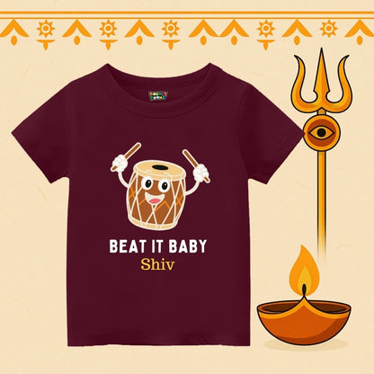 Maroon Kids t-shirt with a cartoon drum and text Beat it Baby