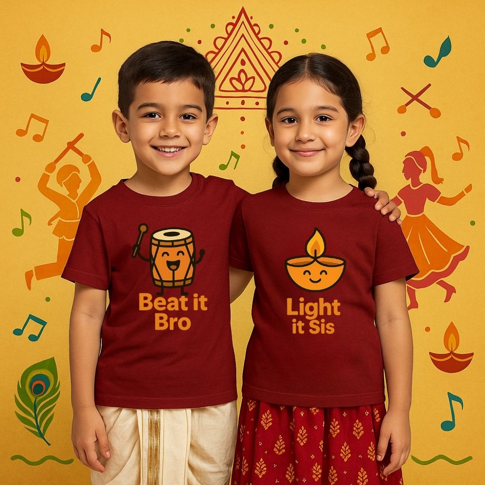 Maroon Siblings t-shirts with Navrathri-themed designs and text 