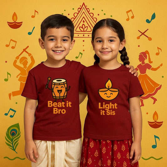 Maroon Siblings t-shirts with Navrathri-themed designs and text 