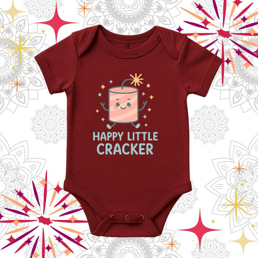 Maroon baby onesie with 'Happy Little Cracker' design 