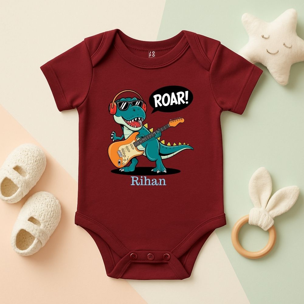 Maroon baby onesie with a dinosaur 