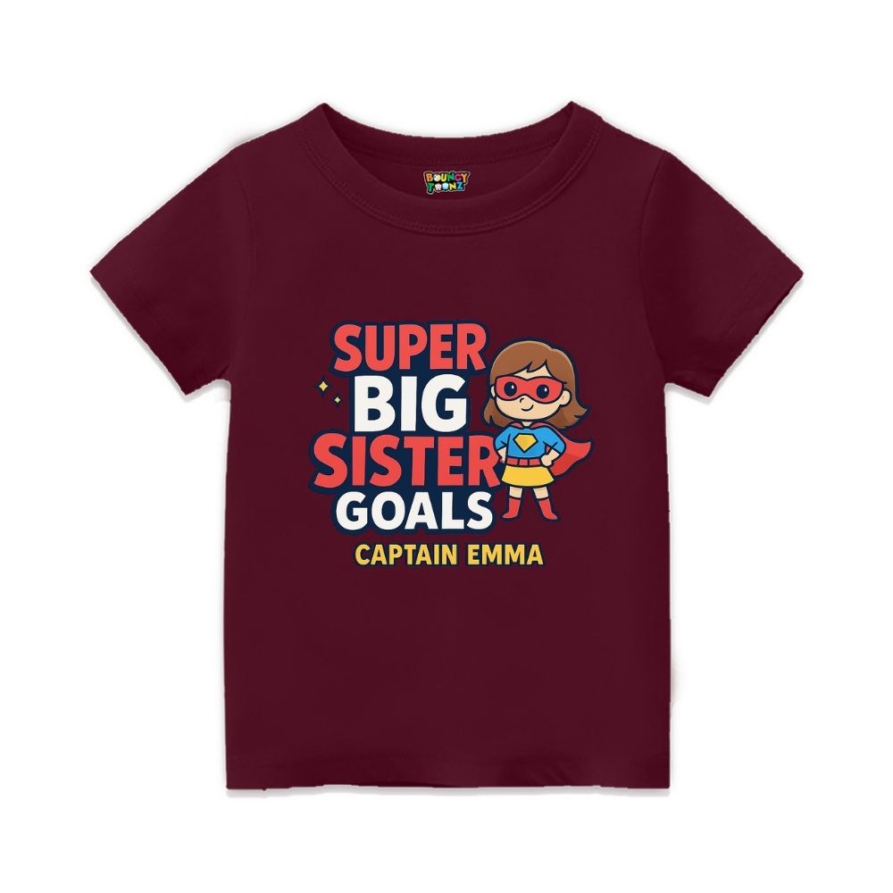 Maroon t-shirt,  superhero design printed with "Super Big Sister Goals" and Captain text