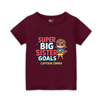 Maroon t-shirt,  superhero design printed with "Super Big Sister Goals" and Captain text
