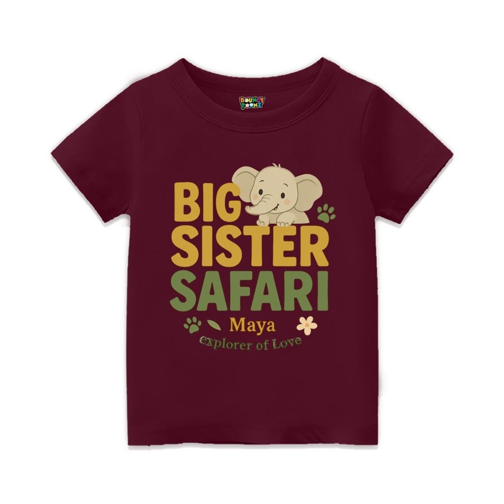 Maroon t-shirt with 'Big Sister Safari' text and elephant graphic